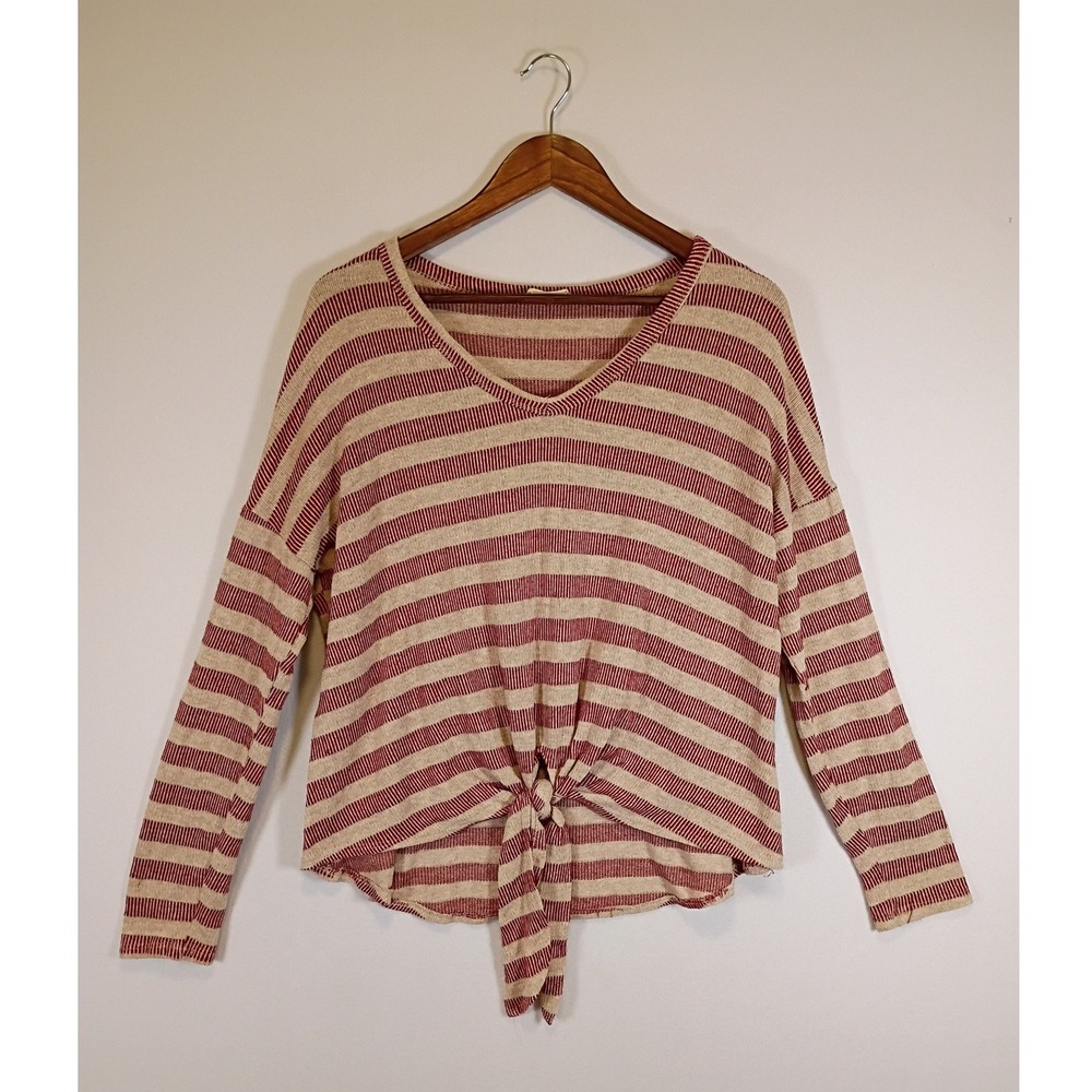 Boho Altar'd State Women Small Red Cream Striped Tie Front Elbow Patch Top
